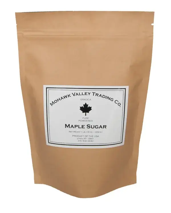 Mohawk Valley Trading Company powdered maple sugar (1lb.) in a brown paper bag.