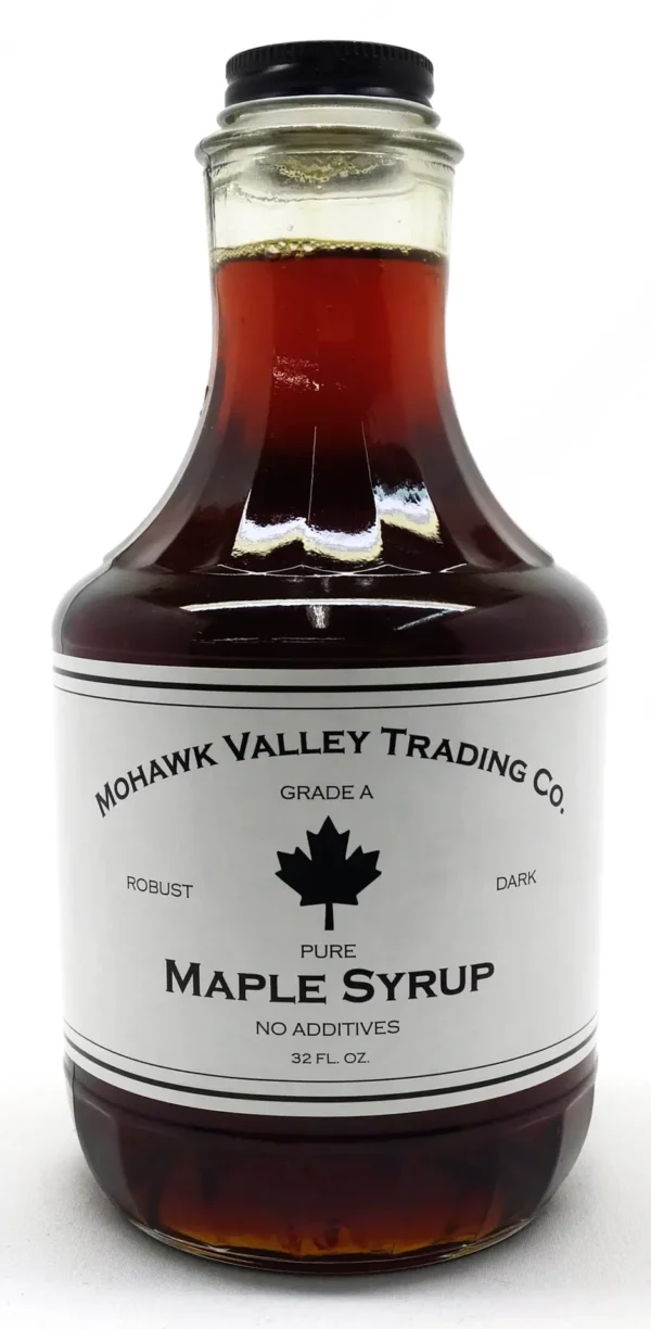 Mohawk Valley Trading Company Maple Syrup: Grade A, Dark Color, Robust Taste in a 32 fl. oz. (1 qt.) glass bottle.